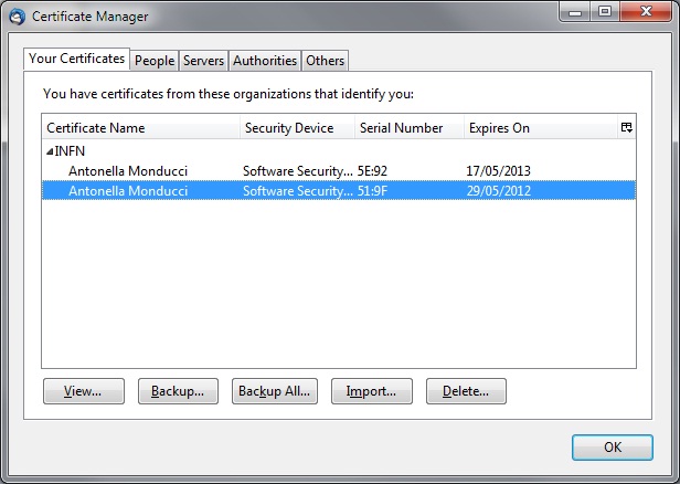 Figura: Visualizzazione elenco dei certificati caricati in thunderbird