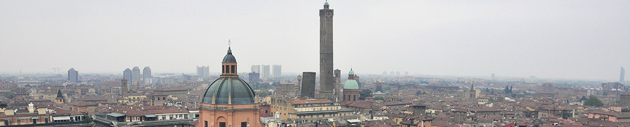 Foto panoramica dei tetti Bolognesi, con al centro le due torri, Garisenda e degli Asinelli