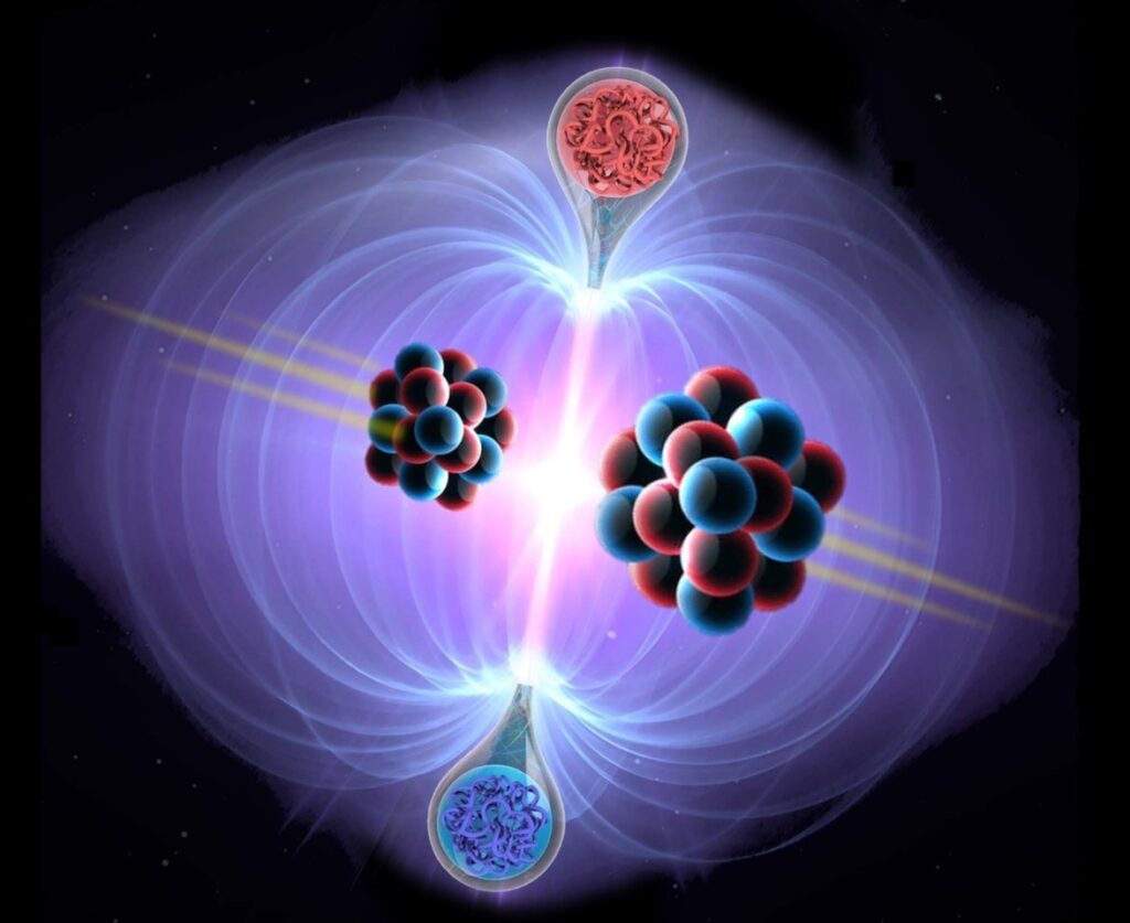 Production of monopoles in collisions of high energy heavy ions. Credits: James Pinfold - MoEDAL Collaboration